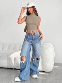 SHEIN EZwear Của phụ nữ Màu thuần Dệt kim Áo vest Với Vòng cổ - Màu Khaki - Xem 3