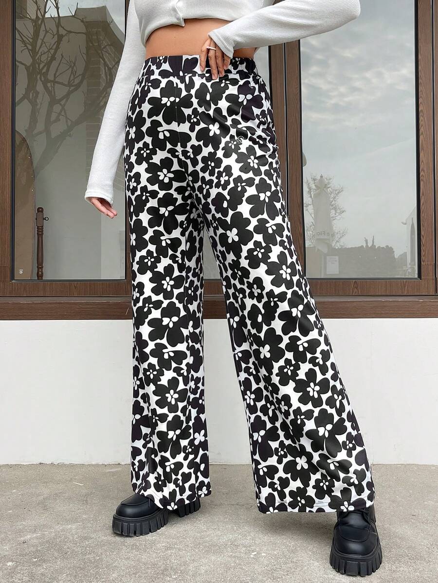 CovetEZ Kích thước lớn Của phụ nữ In Hoa Linh hoạt Thiết kế Quần - Đen và trắng - Xem 1