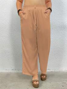 Calvaya Plus Size Solid Color Waist Tie Pants Fall Cloth For Women - Yellow - View 5