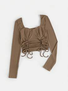 Muchica Áo thun Xù màu trơn Giải trí - Màu nâu  Mocha - Xem 3