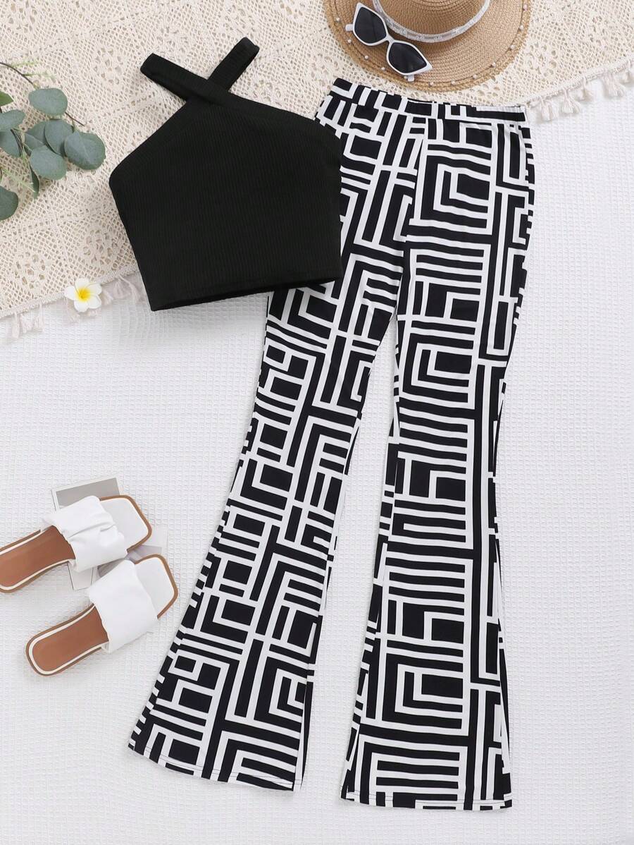 SHEIN 少女花卉印花交叉肩帶背心和喇叭褲假日2件套裝