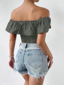 SHEIN Privé 花繡連肩褶邊緊身襯衫 - 黑色 - 查看 2