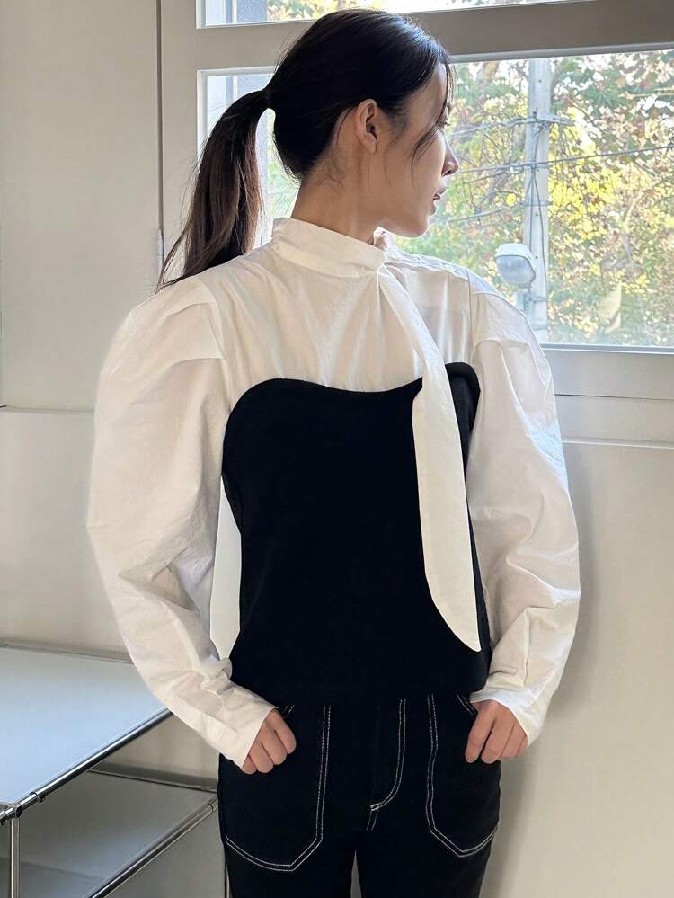 Women's Colorblock Bow Tie Neck Blouse With Leg-Of-Mutton Sleeves,Ruffle Long Sleeve Women Tops