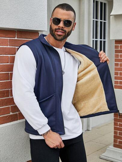 Manfinity Homme Gilet De Veste Avant Zippé Doublé En Peluche Pour Homme De Grande Taille Avec Poches Doubles