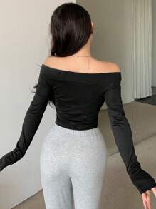 DAZY Women's Slim Fit Pleated Off Shoulder Letter Print T-Shirt Going Out Tops,Fall Clothes,Back To School Clothes Long Sleeve Women Tops - Black - View 5