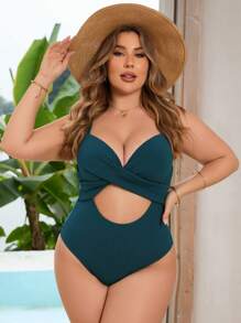 SHEIN Swim Curve Traje de baño de una pieza con abertura en unicolor para talla grande de verano