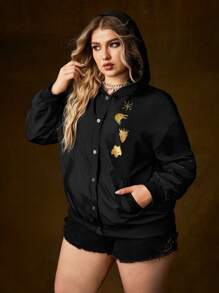 Game of Thrones X SHEIN Plus Print Drop Shoulder Snap Button Hooded Jacket