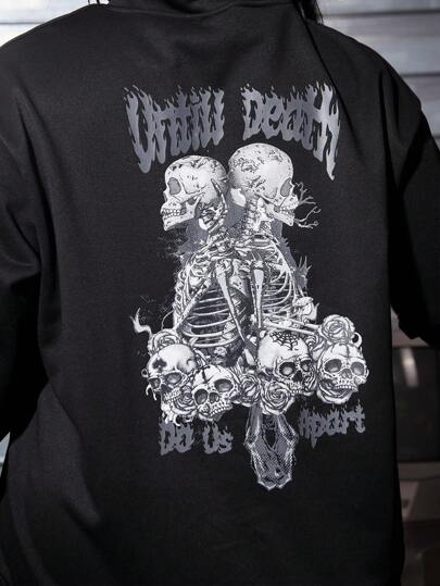 Grunge Punk Sudadera Con Capucha Casual De Talla Grande Para Mujer Con Estampado De Calavera