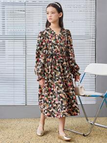 SHEIN Tween Girl 复古花卉印花裹身式长袖束带连衣裙 - 彩色 - 查看 5