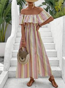 Breezaya 條紋露肩荷葉邊裝飾連身裙 - 彩色 - 查看 6