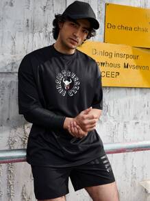 Manfinity Athleisure 男友风男式印花运动短袖 T 恤健身上衣 - 黑色 - 查看 7