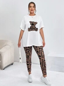 SHEIN Essnce 女士大码夏季休闲宽松印花短袖T恤和长裤两件套 - 彩色 - 查看 4