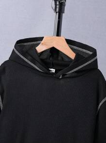 SHEIN Áo nỉ cho bé trai tuổi teen, có túi kangaroo và sọc màu tương phản. - màu đen - Xem 4