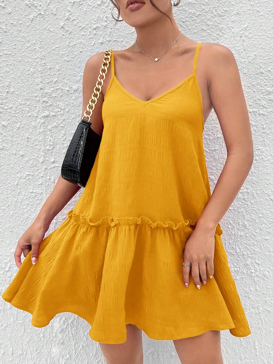 SHEIN PETITE 女士荷葉邊細肩帶連衣裙 - 薑色 - 查看 1