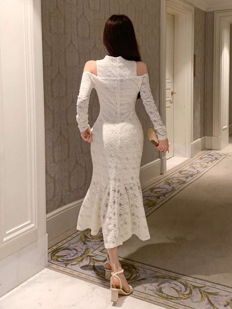 Women's Open Shoulder Lace Splice Mermaid Hem Dress, Birthday Prom Dress,Fall Dress Long Sleeve Dress Elegant Women Dresses Maxi Dress