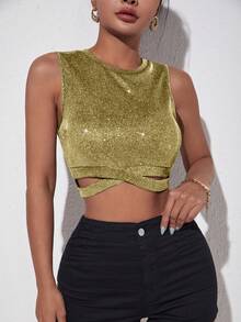 SHEIN Privé Women'S Sparkly Cross Back Crop Tank Top - Gold - View 4
