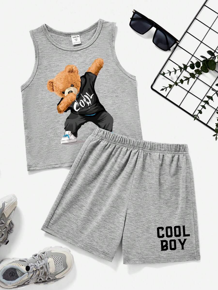 男童休闲简约小熊印花上衣和字母印花短裤套装，适合春夏穿着 - 灰色 - 查看 1