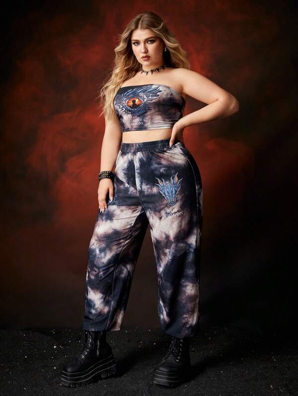 HOUSE OF THE DRAGON X SHEIN Plus Dragon Pattern Tie-Dye Print Two-Piece Set