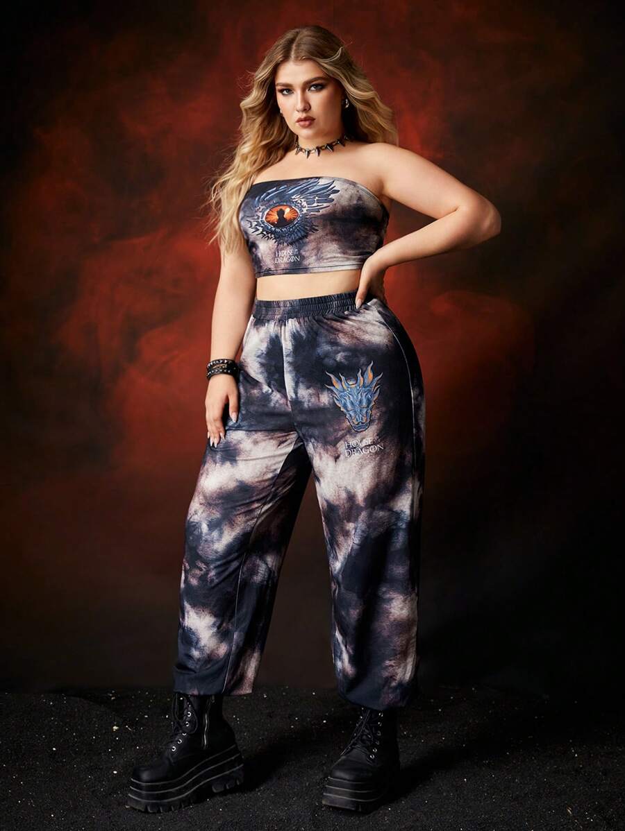 HOUSE OF THE DRAGON X SHEIN Plus Dragon Pattern Tie-Dye Print Two-Piece Set - Black - View 1