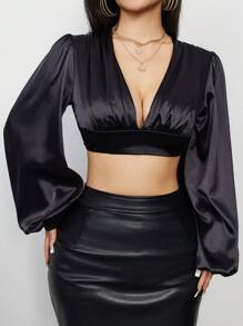 Zolique Solid Color Lantern Sleeve Cropped Blouse Fall Cloth For Women - Black - View 6