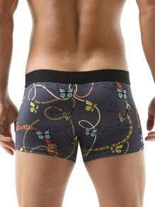 Men'S Butterfly Pattern Printed Boxer Briefs With Letter Printed Waistband And Chain Decoration - Black - View 2