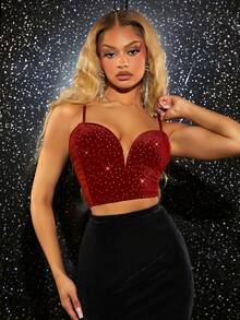 SHEIN SXY 女士絲絨和鑽石裝飾網眼背心上衣 - 紅色 - 查看 4