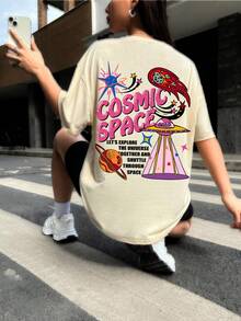 SHEIN EZwear 1pc Women's Loose Street Style Galaxy Print T-Shirt - Apricot - View 1