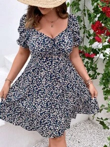 Breezaya 大尺碼女士甜心領花卉印花連身裙 - 藏蓝色 - 查看 1