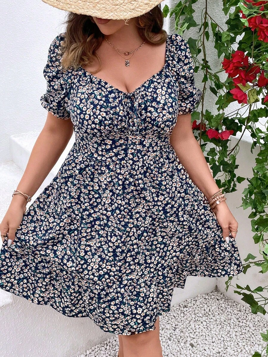 Breezaya 大尺碼女士甜心領花卉印花連身裙 - 藏蓝色 - 查看 1