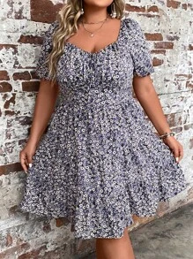 Breezaya 甜心領花卉印花大尺碼連衣裙,腰部綁帶設計 - 紫色 - 查看 6