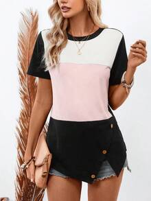 SHEIN LUNE Women's Color Block Button Detail Round Neck Short Sleeve T-Shirt - Multicolor - View 3