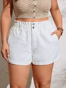 SHEIN LUNE Của phụ nữ Kích thước lớn Màu thuần Quần short Denim Với Nghiêng Túi Và Cán Hem - trắng - Xem 5