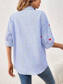 SHEIN Frenchy 女士條紋心形刺繡襯衫夏季襯衫情人節襯衫 - 藍色 - 查看 5