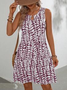 SHEIN LUNE 印花無袖休閒連衣裙 - 酒紅色 - 查看 5