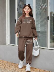 Tween Girls' Loose Fit Letter Print Sweatshirt And Jogger Pants Casual 2-Piece Set