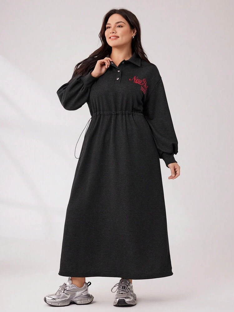 Plus Size Women's Letter Print Drawstring Waist Dress