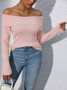 SHEIN Privé Off Shoulder Fold-Over Collar Ribbed Top - Pink - View 6