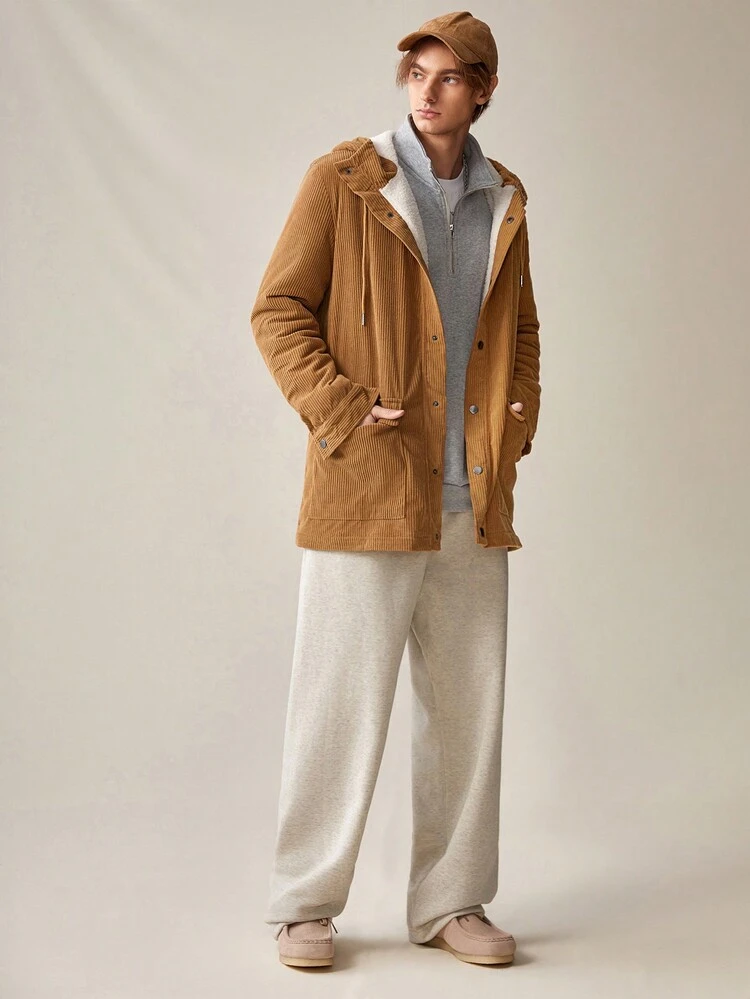 Men's Oversized Drawstring Hooded Thermal Lined Jacket, For Fall Winter