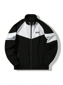 Manfinity Homme Chaquetas De Hombres Con Cierre De Cremallera En Bloque De Colores Sueltos Con Impresión De Letras - Negro - Ver 4