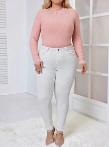 SHEIN Privé 大尺碼女士珠飾修身t恤 - 粉色 - 查看 3