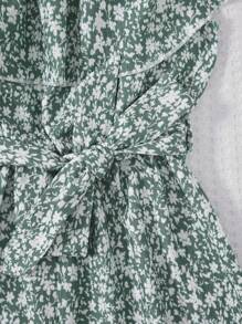 RueChic Girls Ditsy Floral Print Ruffle Trim Belted Jumpsuit - Green - View 4