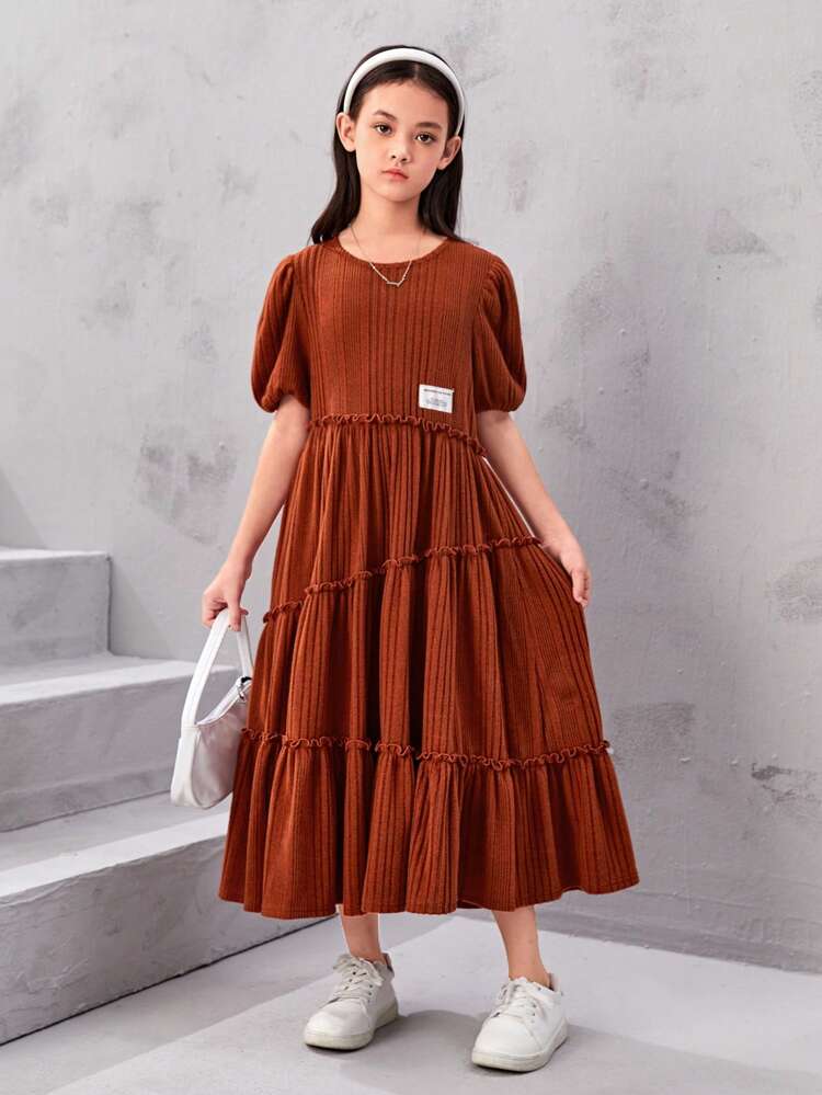 Tween Girls' Oversized Vintage Dress With Round Neck And Letter Patch