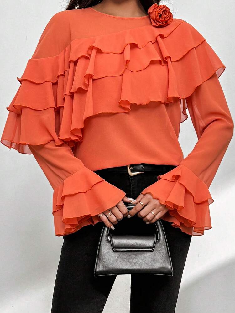Solid Color Decorative 3d Flower Embellished Ruffle Trim Top