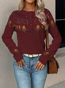 SHEIN Essnce Women's Geometric Pattern Button Up Cardigan Sweater Knit Pullover Fall Winter Outfit - Burgundy - View 4