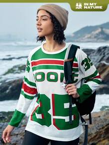 In My Nature 寬鬆女士休閒圓領字母條紋長袖t卹