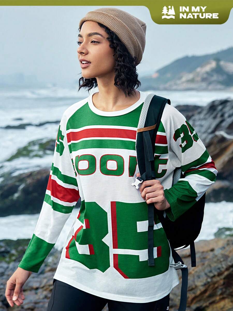 In My Nature 寬鬆女士休閒圓領字母條紋長袖t卹