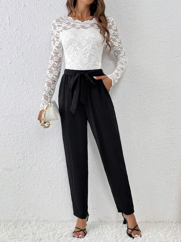 Women's Long Sleeve Lace Top And Tapered Pants Set Winter Elegant