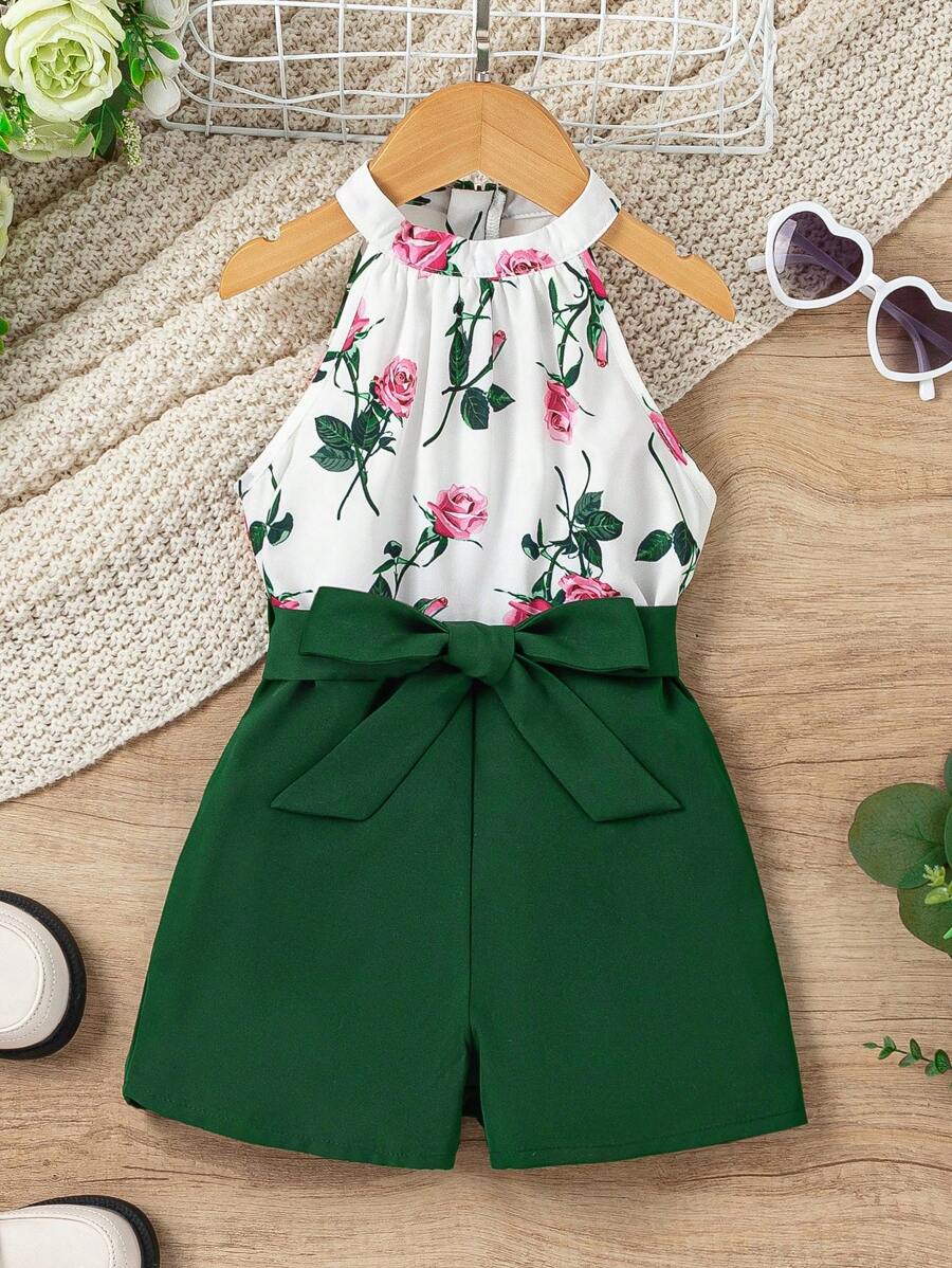 SHEIN Conjunto de blusa elegante con estampado floral y escote en V y shorts verdes para chica joven para ir al trabajo - Multicolor - Ver 1