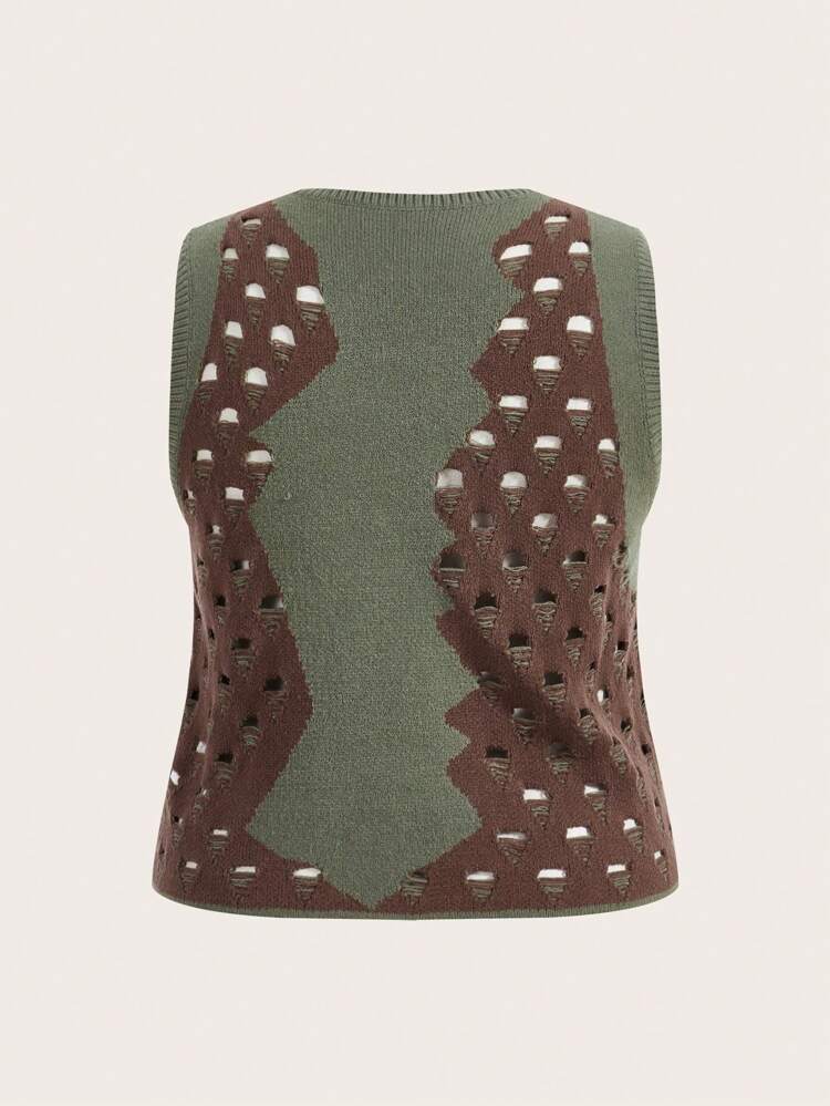 Women's Plus Size Contrast Color Hollow-out Knitted Sweater Vest
