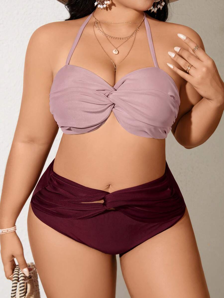 SHEIN Swim Curve Ensemble de bikini séparé pour femmes, grande taille, blocs de couleurs, torsadé sur le devant, col licou, pour la plage, pour l'été, pour la saint-valentin - Multicolore - Voir 1